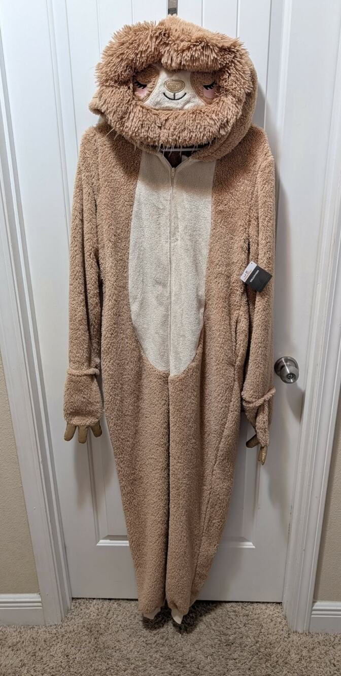 NEW Plush Brown Sloth Themed Adult L Hooded Pajamas Halloween Costume Union Suit